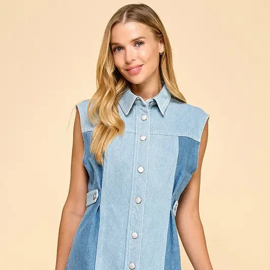 Two Toned Denim Button Up Dress