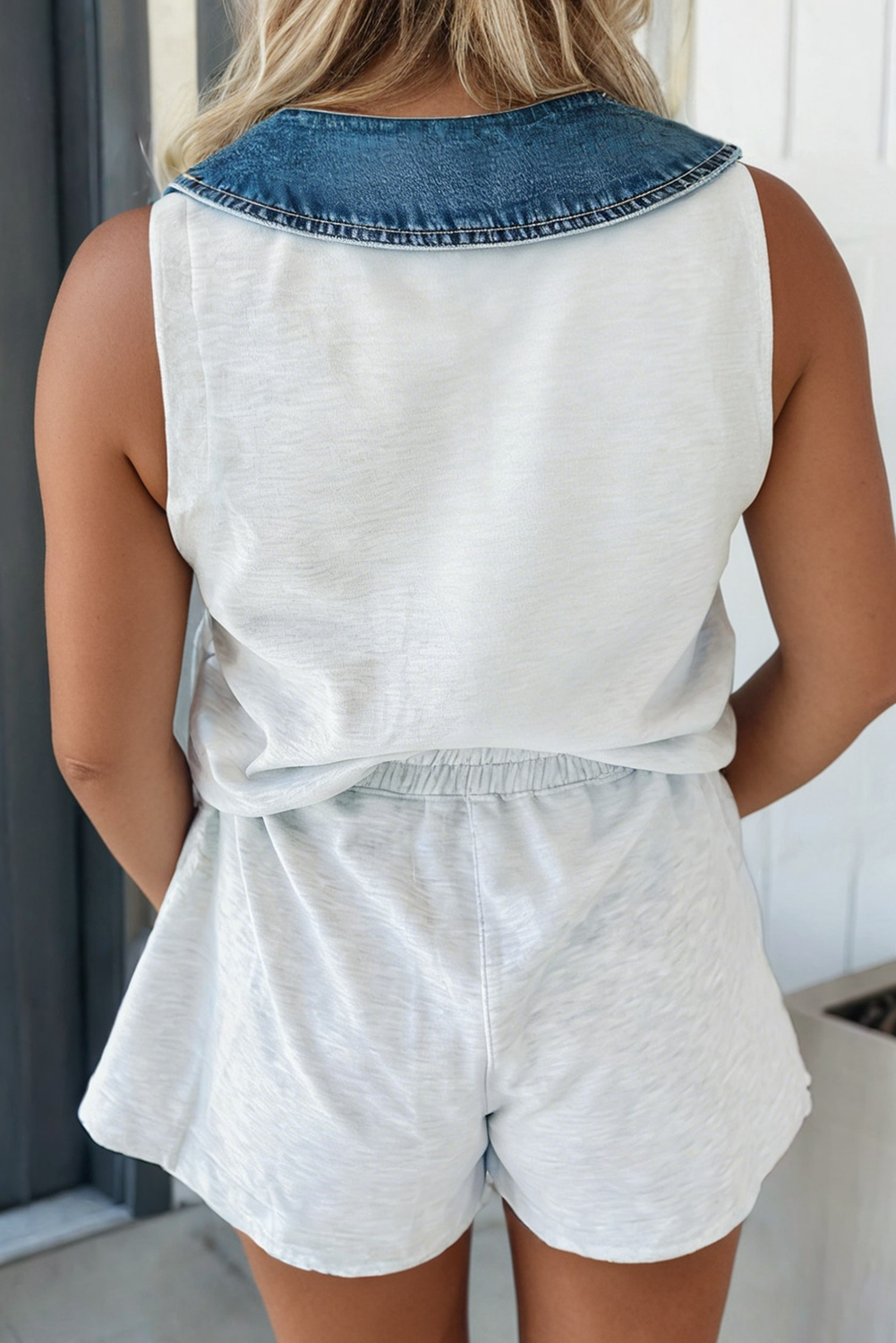 Denim Patchwork Polo Romper