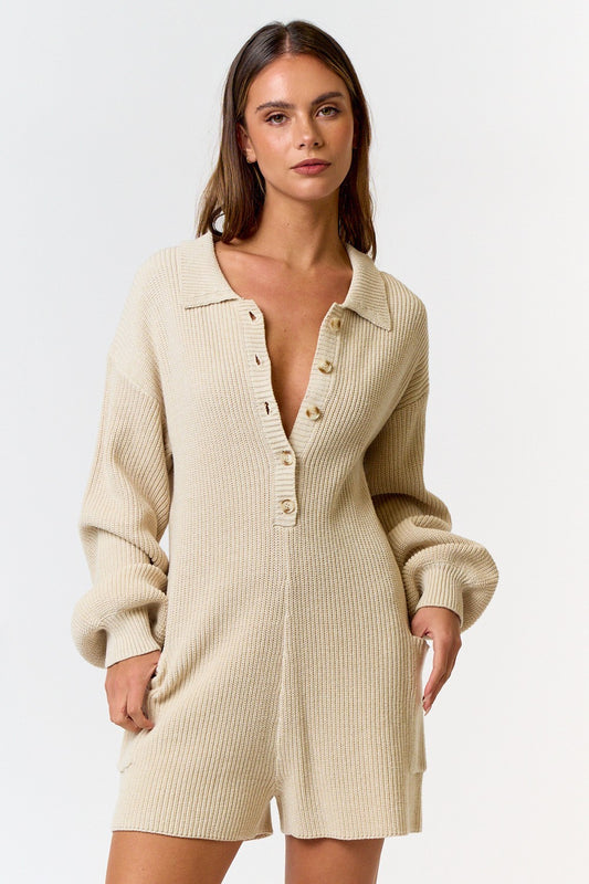 Button Up Long Sleeve Sweater Romper