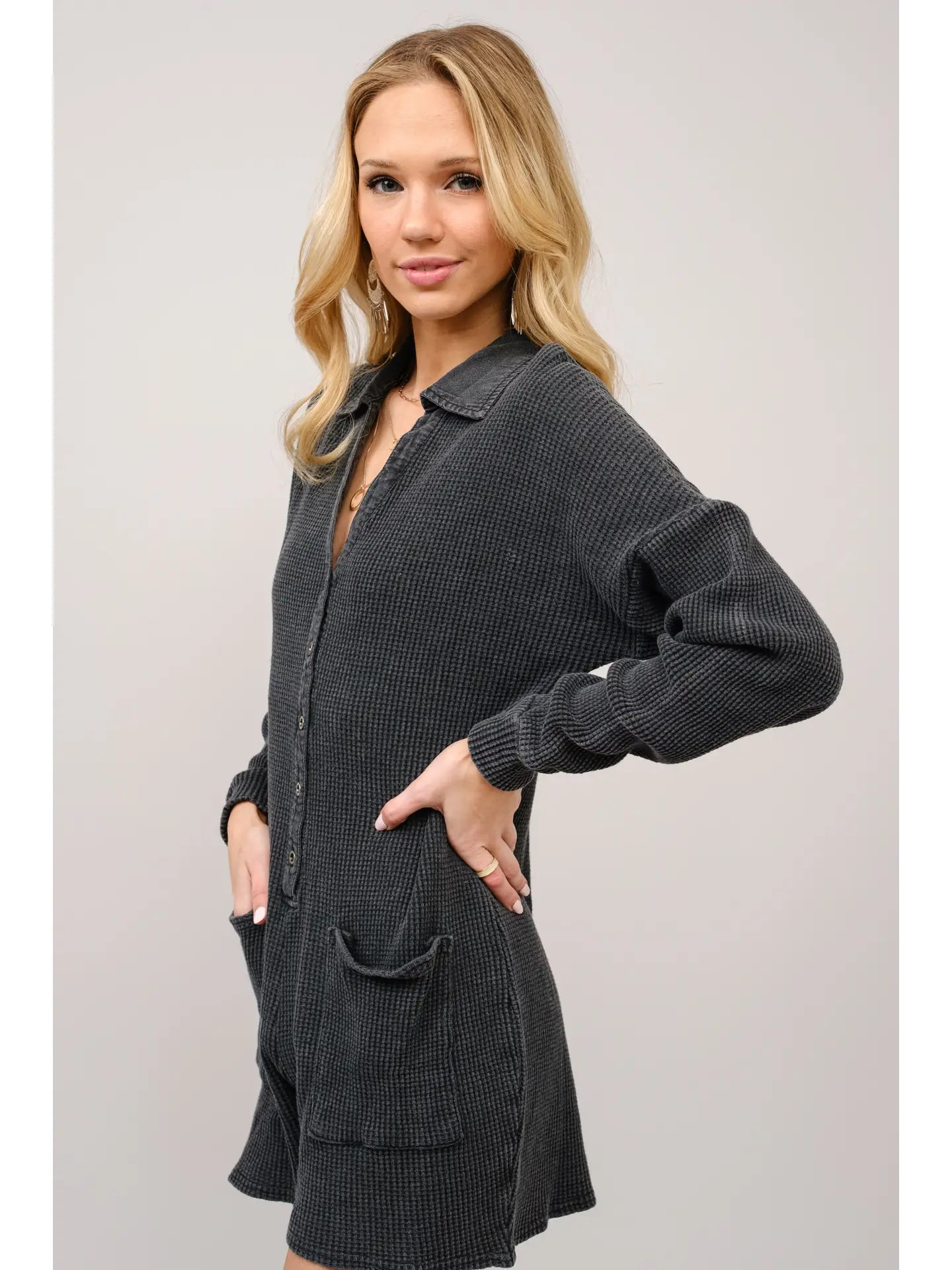 Garment Washed Button Up Waffle Knit Romper
