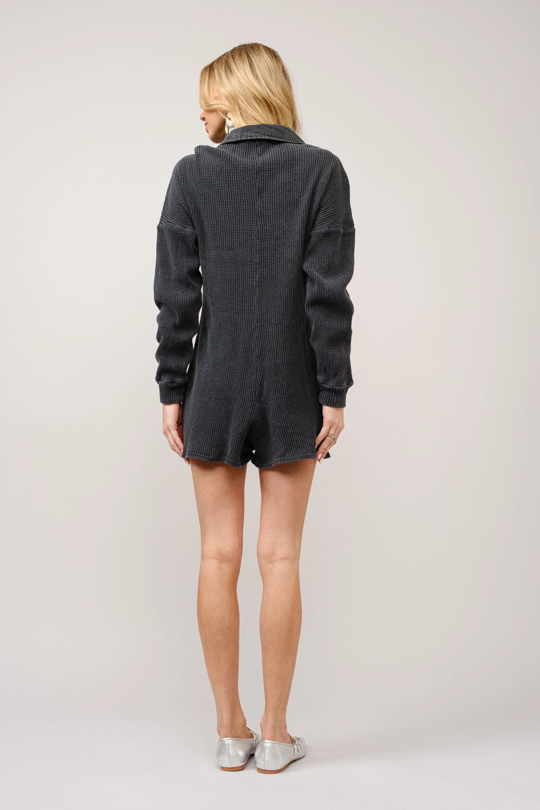 Garment Washed Button Up Waffle Knit Romper
