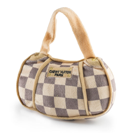 Tan Checker Chewy Vuiton Handbag Squeaker Dog Toy