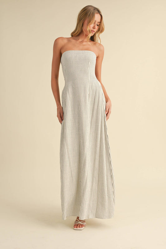 Elena Ivory Striped Strapless Maxi Dress