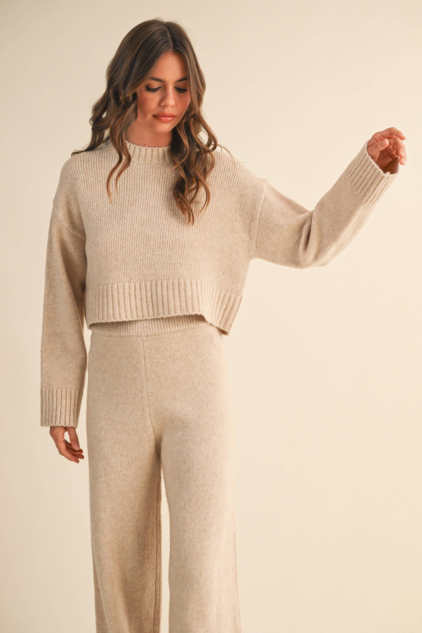 Melange Cropped Sweater Top And Straight Joggers