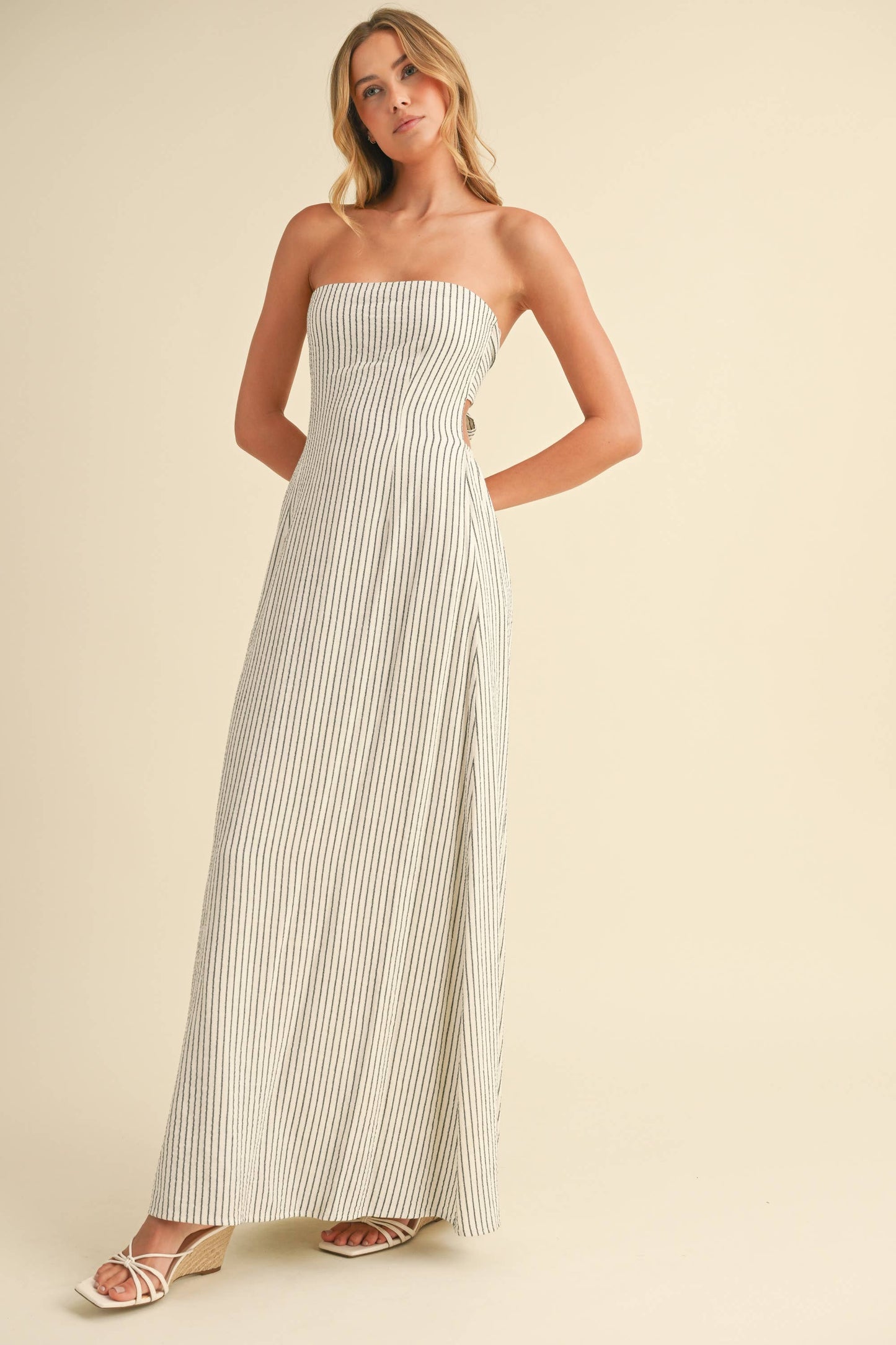Elena Ivory Striped Strapless Maxi Dress
