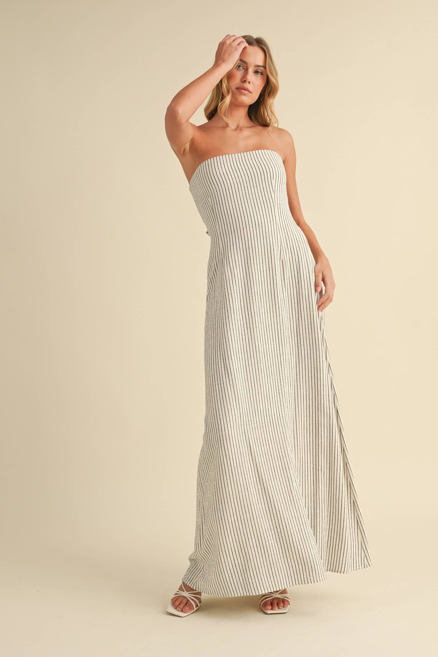 Elena Ivory Striped Strapless Maxi Dress