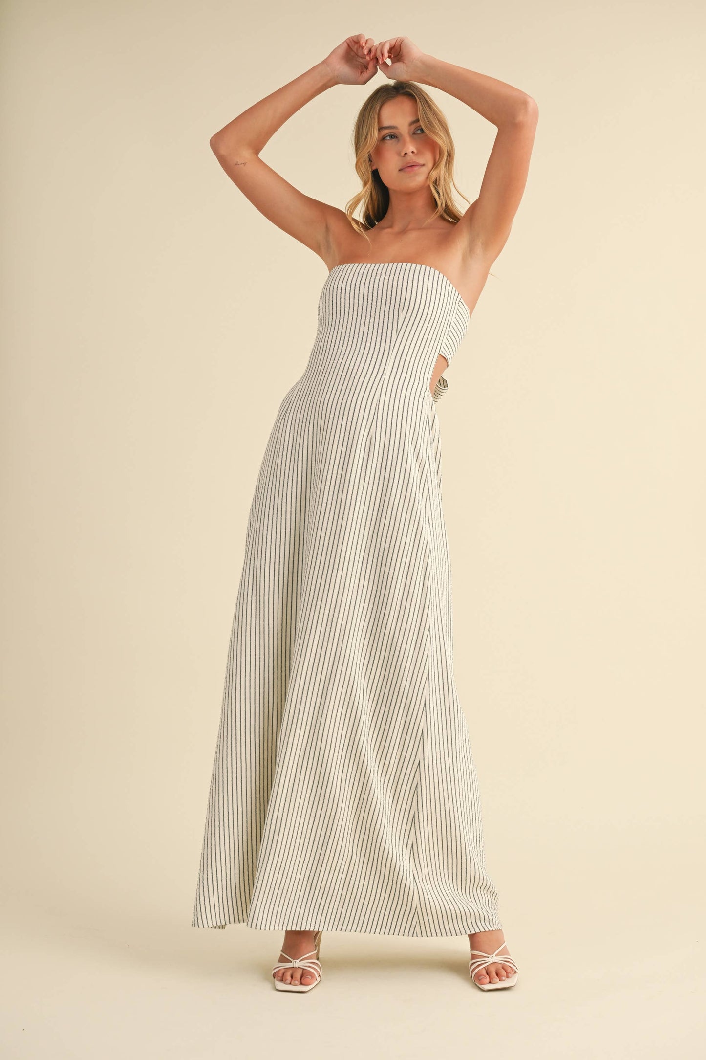 Elena Ivory Striped Strapless Maxi Dress