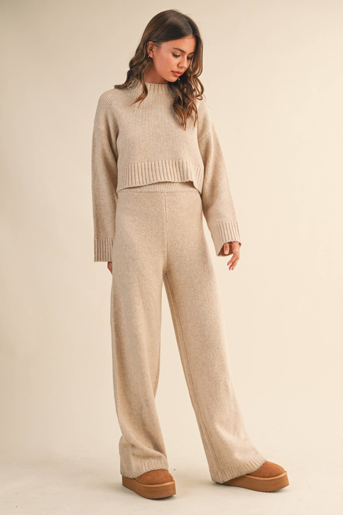 Melange Cropped Sweater Top And Straight Joggers