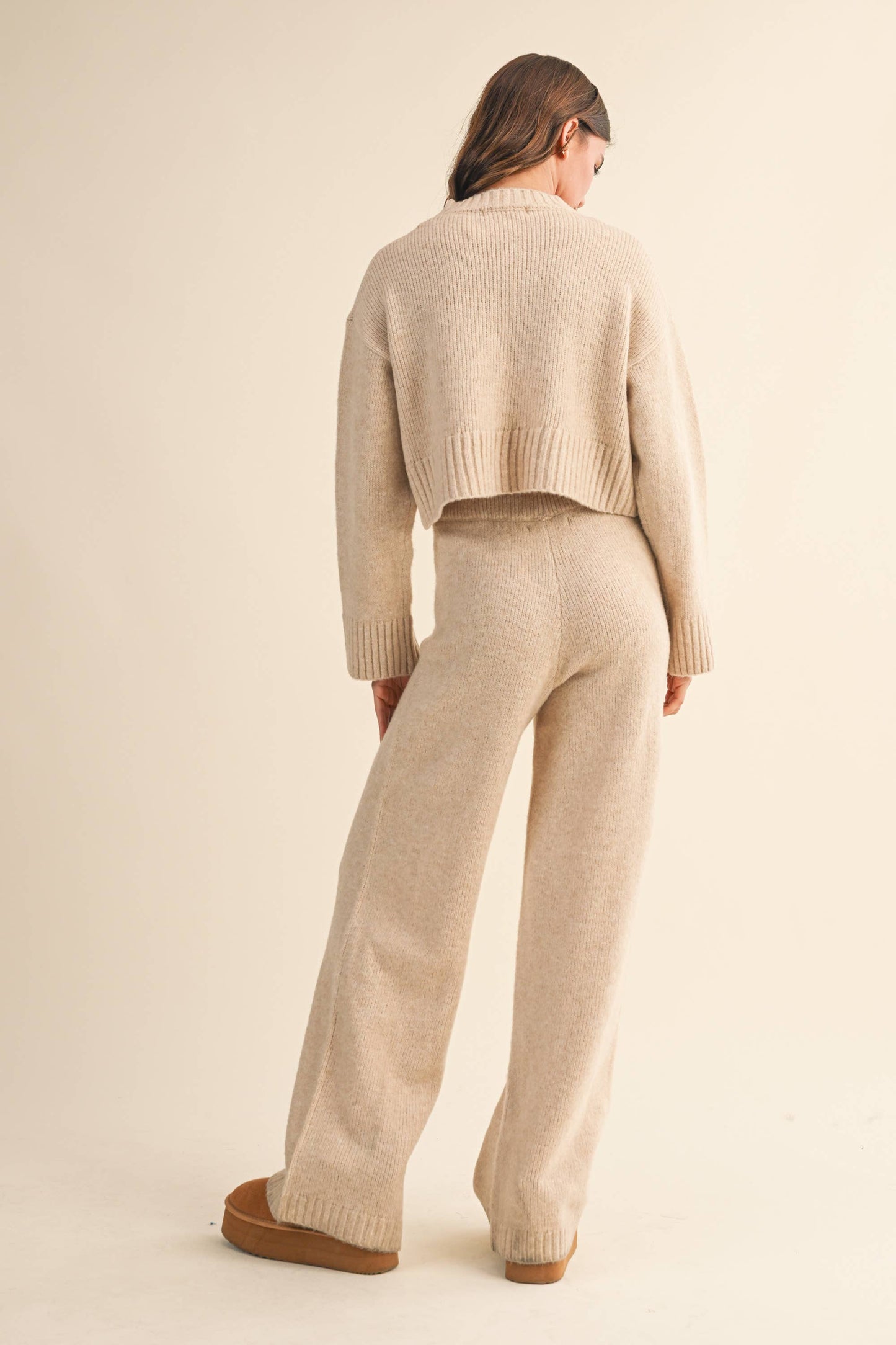 Melange Cropped Sweater Top And Straight Joggers