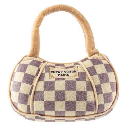 Tan Checker Chewy Vuiton Handbag Squeaker Dog Toy