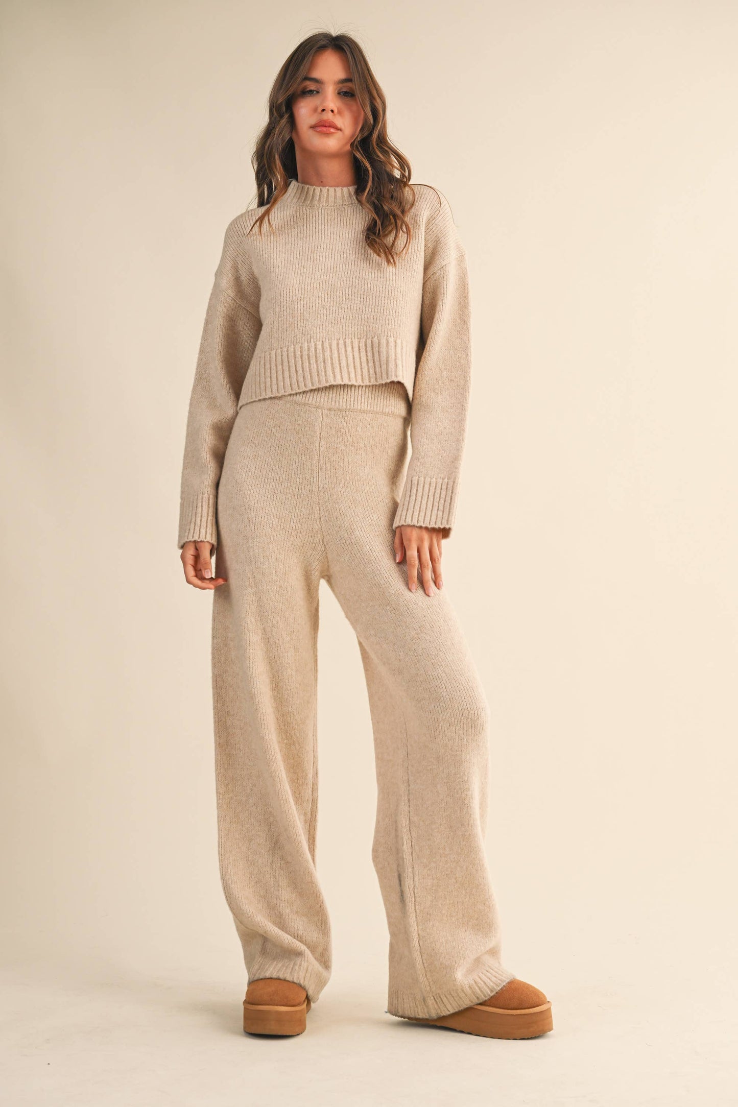 Melange Cropped Sweater Top And Straight Joggers